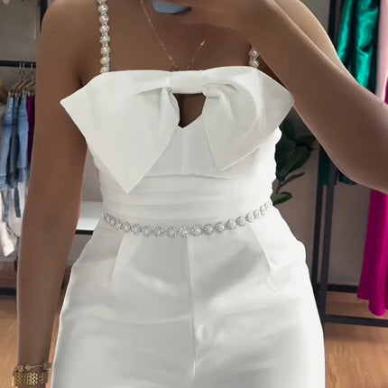 Jumpsuit Women 2025 Spring New Bandeau Beaded Spaghetti Strap Bowknot Design Ruched Slim Fit Jumpsuit Elegant Wide-Leg Overall