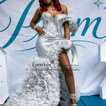 Sparkly Sequin Crystal Mermaid Prom Dress Customized Black Girl Evening Party Gown African Side Slit Ruffles Wedding Party Dress