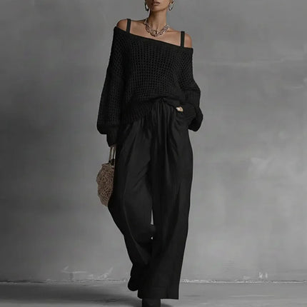 Off Shoulder Hollow Knit Womens Pants Set Long Sleeve Wide Leg Pants Outfit Casual Loose Summer Beach Vacation Pants Set Woman