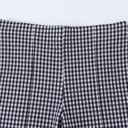 KONDALA Chic Fashion 2026 Casual Women Plaid Suit Summer Buttons Short Blazer+ Zipper Straight Long Pants Female Elegant Suits