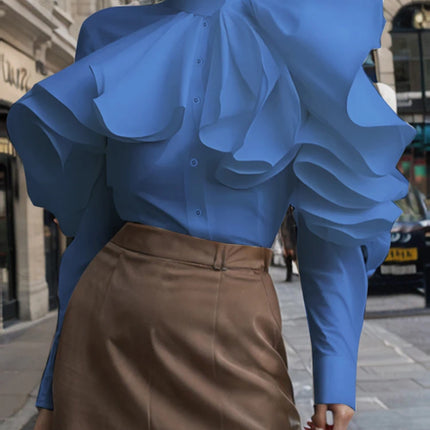 ZANZEA Vintage Solid Office Blouse Women Ruffled Stitching Street Shirts Spring 3D Long Sleeve Tops Casual Loose Buttons Tunics