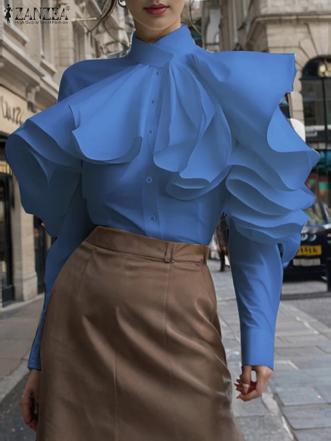 ZANZEA Vintage Unifarbene Bürobluse Damen Rüschen Stitching Street Shirts Frühling 3D Langarm-Oberteile Lässige Lose Knopfleisten Tuniken