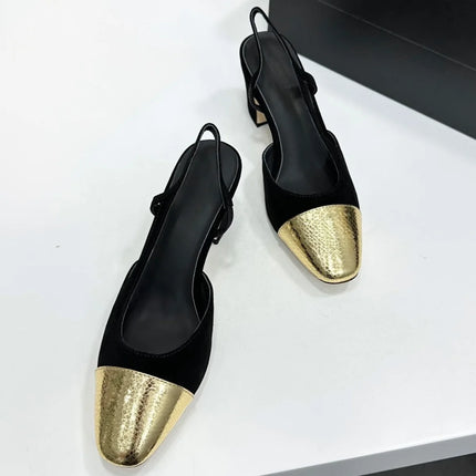 2026 Women's Leather & Denim Two-Tone Cap-Toe Slingback Pumps, Retro Office Evening Shoes YYT26041916