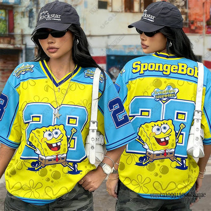 Cartoon SpongeBob Print T-shirts For Women Summer V-Neck Patchwork Short Sleeve Sports Football Jersey Y2K Loose Oversized Tops