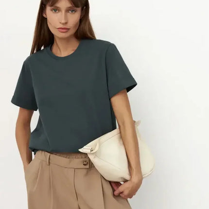 Summer 100% Cotton T-shirt Bottoming Basic Fashionable Solid Short Sleeve Loose Tops Shirts 230g/㎡ Tops