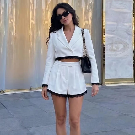 MUJER Lace Short Blazers for Women's Suit Summer Blazer Set 2 Piece Woman Shoulder Pad Women's Tailoring Blazers Bermuda Shorts