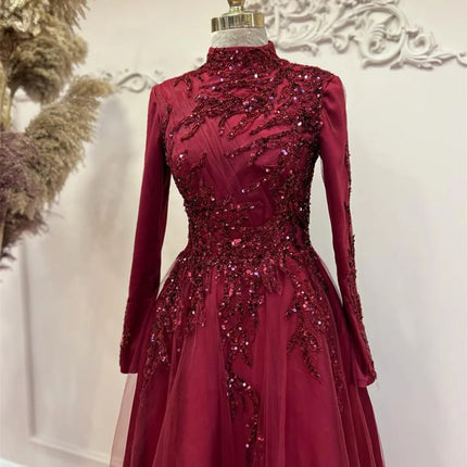 Amanda Elegant High Neck Prom Dress Sequins A-line Evening Dress Beading Embroid Party Dress Customized فساتين مناسبة رسمية