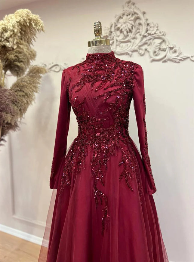 Amanda Elegantes, hochgeschlossenes Ballkleid, Pailletten, A-Linien-Abendkleid, Perlenstickerei, Partykleid, maßgeschneiderte formelle Kleider