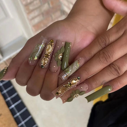 24Pcs Brown Long Coffin False Nails Glitter Ballet Wearable with French Design Fake nails Full Press on Nail Ins Nail Tips Art