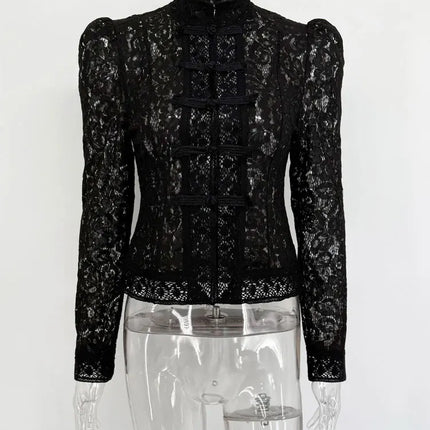 Summer Lace Printed Shirts Tops Hollow Out Commute Vintage See-Through Blouse Lace Shrug Shirts