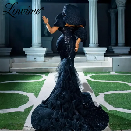 2024 Elegant Black Evening Dresses Aso Ebi Mermaid Prom Dress Plus Size Off The Shoulder Celebrity Party Gowns Robe De Soiree