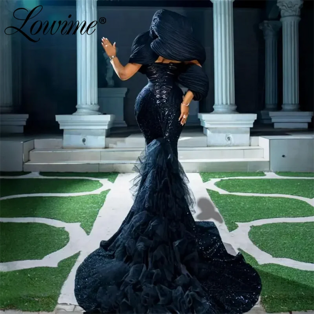 2024 Elegante Schwarze Abendkleider Aso Ebi Meerjungfrauen-Ballkleid Plus Size Schulterfrei Celebrity Partykleider Robe De Soiree