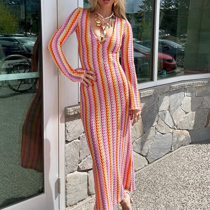 Elegant Deep V Neck Dress Women Sexy Flare Long Sleeve Striped Printed Bohemian Dresses For Women Beach Vacation Dress
