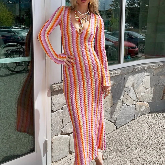 Elegantes Kleid mit tiefem V-Ausschnitt, sexy ausgestellten langen Ärmeln, gestreift bedruckt, böhmische Kleider für Damen, Strandkleid für den Urlaub