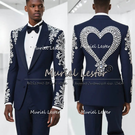 Brilliant Diamond Beaded Red Suits Men 2 Pieces Sets Groom Wedding Tuxedos Customized Single Breasted Party Blazers traje hombre
