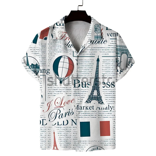 Camisa de verano para hombre estilo retro con estampado de periódico, informal, cómoda, versátil y transpirable