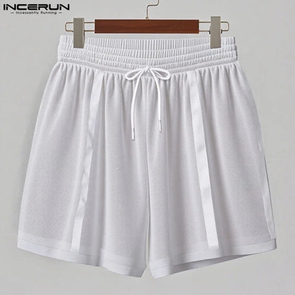INCERUN Summer Men Shorts Mesh Patchwork Drawstring Loose See Through Male Shorts Streetwear 2025 Sexy Vacation Men Bottoms