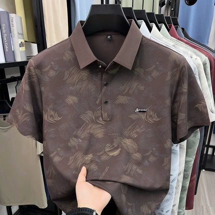 Slim Fit Feather Pattern Polo For Men Embroidered Logo Short Travel Family Gathering And Casual Dating Garment