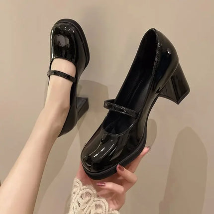 Patent Leather Brown Shoes Vintage Thick High Heels Mary Jane Shoes Women Woman Square Toe Chunky Heels Pumps Mujer 2024