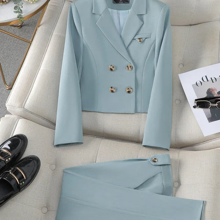 Solid Suits for Women 2024 Spring Fashion Office Ladies Long Sleeve Double Breasted Short Tops Chic Slim High Waisted Pant Suits