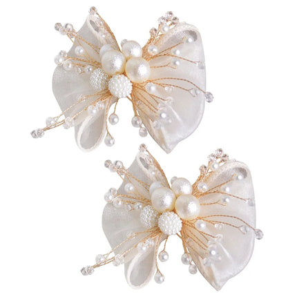 2PC Double Layered Bow Pearl Shoe Clip French style Removable Shoe Charms Buckle Elegant Bride Shoes Decoration High Heel