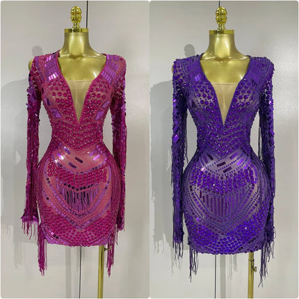 New Sparkly Diamonds Sequin Tassels Sexy Mesh Short Dress Women Evening Party Celebrate Birthday Nightclub Show Photo Shoot Wear