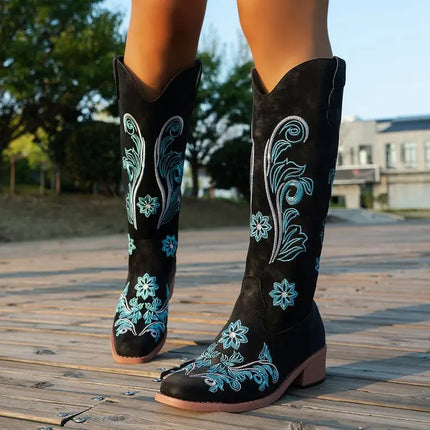 Retro Women Boot Fashion Women Knight Boots Embroidered Long Tube Boots Western Cowboy Waterproof Cold Resistant Designer Shoes