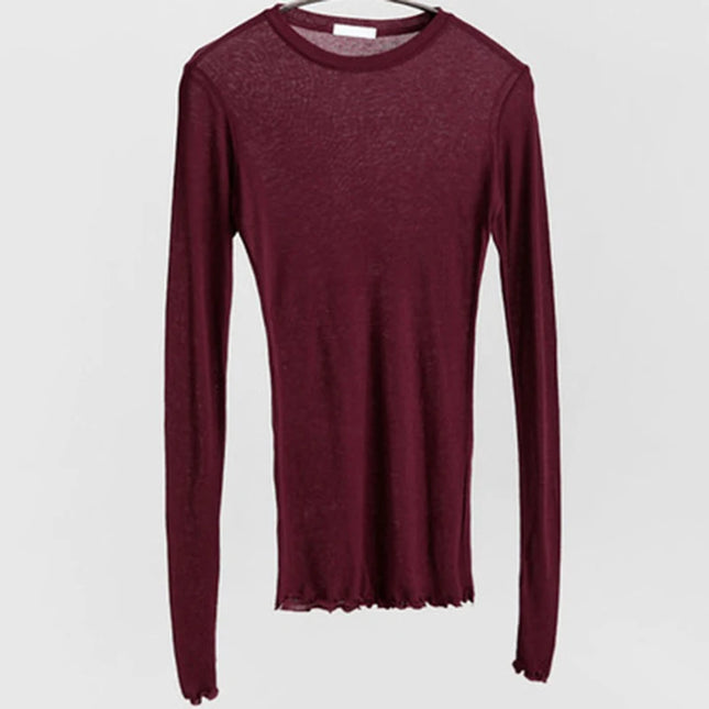 Hochwertiges, schlichtes T-Shirt für Damen, Baumwolle, elastisch, Basic-T-Shirts, Damen, Freizeit-Oberteile, Langarm, sexy, dünnes T-Shirt, durchsichtig