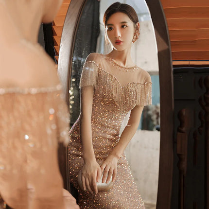 Champone sequined luxury long lady girl women princess banquet party ball performance prom dress performance gown free ship