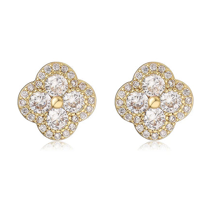HECHENG,18K Golden-plated Inlaid CZ Stone Flower Shape Sweet Romantic Metal Ladies Jewellery Earrings Gift 1 Pair