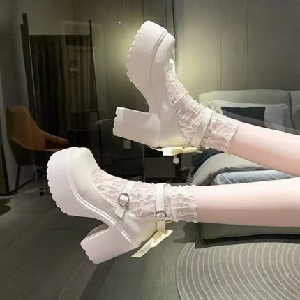 Super High Heel Single Shoes Autumn New Round Toe Shallow Mouth One Strap Platform Bow Non-slip Block Heel Shoes