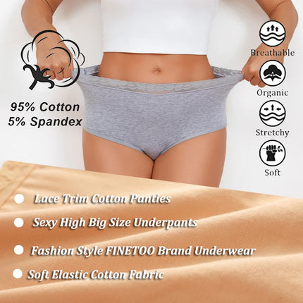 FINETOO 4Pc Women Cotton Lace Floral Briefs Underwear Seamless High Waist Elastic Breathable Panties Female Solid Color Lingerie