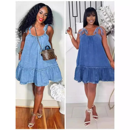 Slip Dress Women Denim Dresses A Line Sleeveless Lace Up Distressed Folds Vestidos Streetwear 2025 Summer Vintage Sundress