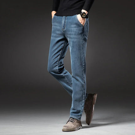 2025 Winter New Men's Fleece Thickened Jeans Retro Blue Hot Straight Casual Pants Stretch Premium Velvet Warm Denim Pants