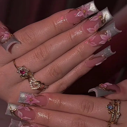 24Pcs Brown Long Coffin False Nails Glitter Ballet Wearable with French Design Fake nails Full Press on Nail Ins Nail Tips Art