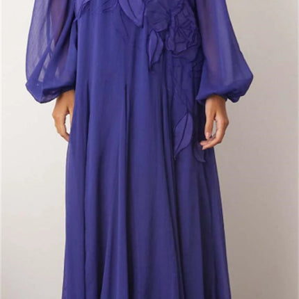 Customized Simple Purple Chiffon Evening Dress Temperament O-Neck Long Sleeves Prom Dress Exquisite Special Occasion Gowns