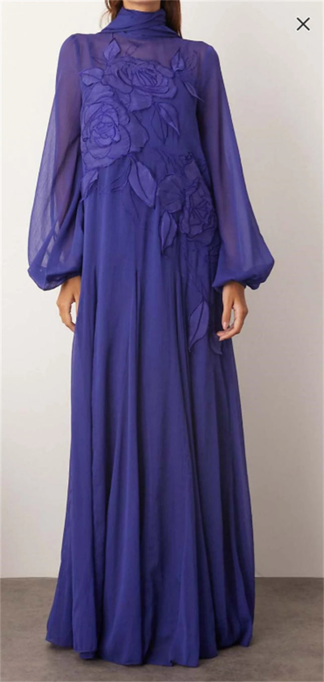Maßgeschneidertes einfaches violettes Chiffon-Abendkleid Temperament O-Ausschnitt Langarm Abschlussballkleid Exquisite Kleider für besondere Anlässe