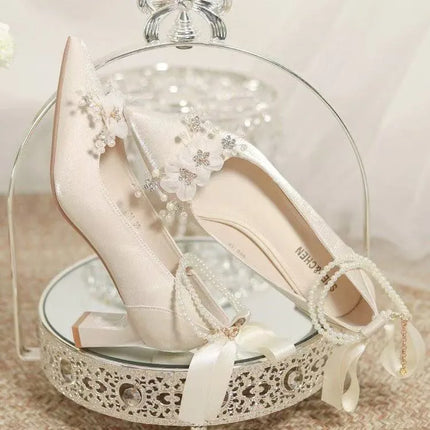 French-style Wedding Shoes, Bridal Shoes, Main Wedding Dress Shoes, Thick-heeled High Heels, White, Comfortable and Not Tiring