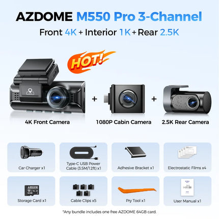 AZDOME M550 Pro 3-Channel Dash Cam 4K+1K+2.5K Car Camera Voice Control Built-in 5.8Ghz WiFi GPS ADAS IR Night Vision 24H Parking
