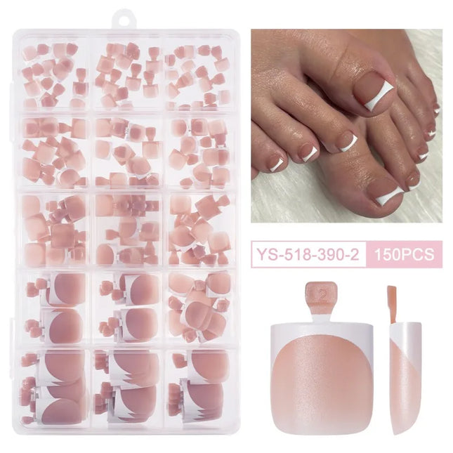 150 Uds. Juego de Uñas Postizas Francesas para los Pies, Verano, Cortas, Cuadradas, Brillantes, Acrílicas, de Cobertura Completa, Adecuadas para Salón de Uñas
