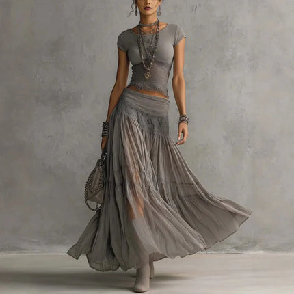 New Boho 2 Piece Set Women Solid Pachwork Lace Trim Crop Top Maxi Skirt Suit Elegant Sheer Long Dress Summer Beach Party Outfits