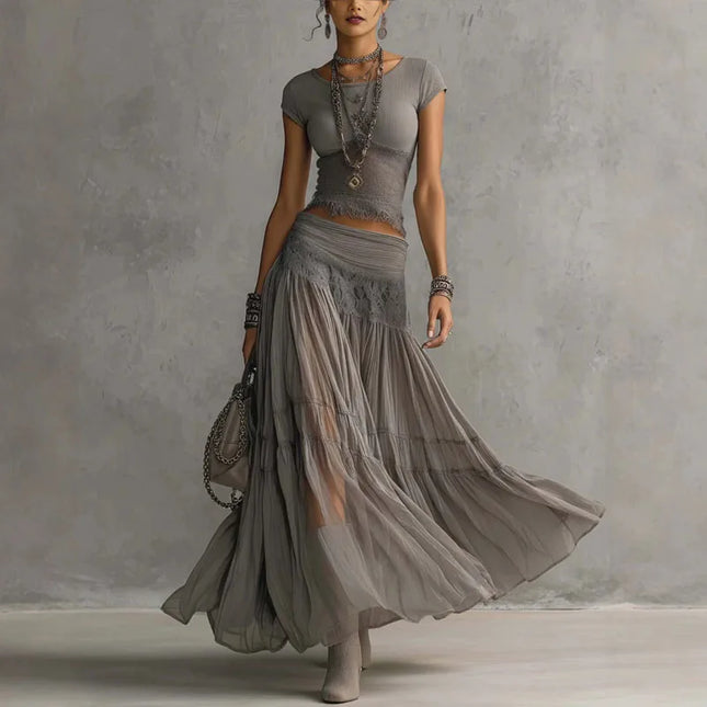 Neues Boho 2-teiliges Set Damen Solide Patchwork-Spitze Kurzgeschnittenes Top Maxi-Rock Anzug Elegantes transparentes langes Kleid Sommer Strandparty Outfits
