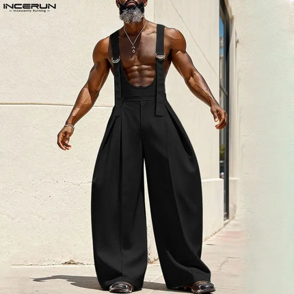 INCERUN Men Jumpsuits Solid Color Sleeveless Suspender Rompers Men Loose Streetwear Summer 2026 Fashion Wide Leg Overalls S-5XL