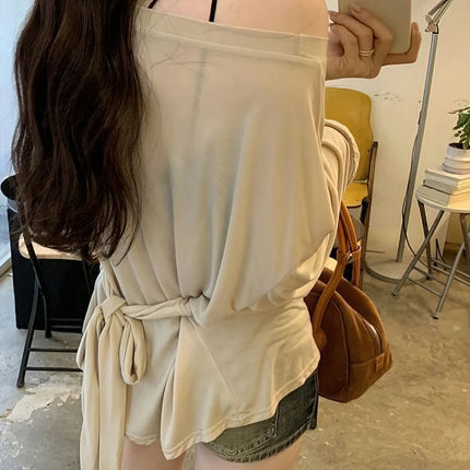 See Through Long sleeve Oversize T shirt Women Sexy Back Bandage Off shoulder Top Female Basic Long Tees Korean Chic Lady New