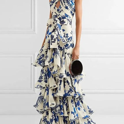 Elegant Women's Printed Vestidos Sleeveless Neck-mounted Female Formal Wear Aesthetic Layered Ruffled Hem Evening Party Dresses