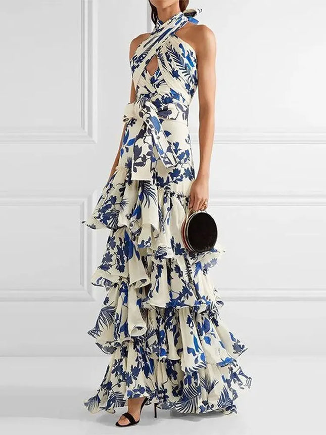 Elegante bedruckte ärmellose Damenkleider, Neckholder, formelle Damenbekleidung, ästhetische, mehrlagige Rüschensaum Abendkleider