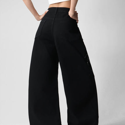 American Street Fashion Spider Web Rhinestone Fashion Pants, Versatile Slim-Fitting Wide-Leg Black Jeans For Women