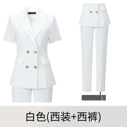 2‑Piece Women Office Suit Short Sleeve Double Breasted Blazer + High Waist Pants Ladies Formal Business Workwear Set Multiple Co