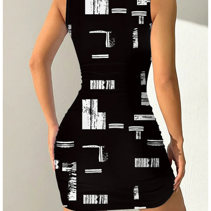 Women's Geometric Print Round Neck Sleeveless Camisole Dress Summer Casual Fashion Comfortable Mid-Length Skirt