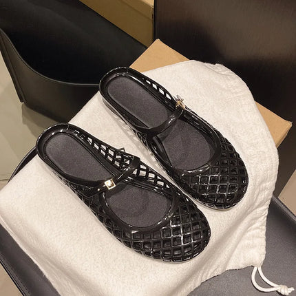Women's Light Luxury Crystal Jelly Mary Jane Flat Sandals Hollow-out Breathable Closed Toe Summer Casual Non-slip Slip-on Shoes